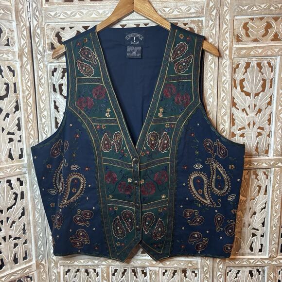 Vintage Solutions Paisley Embroidered Blue & Green Vest SZ 2X 90s Boho Western - Picture 1 of 9